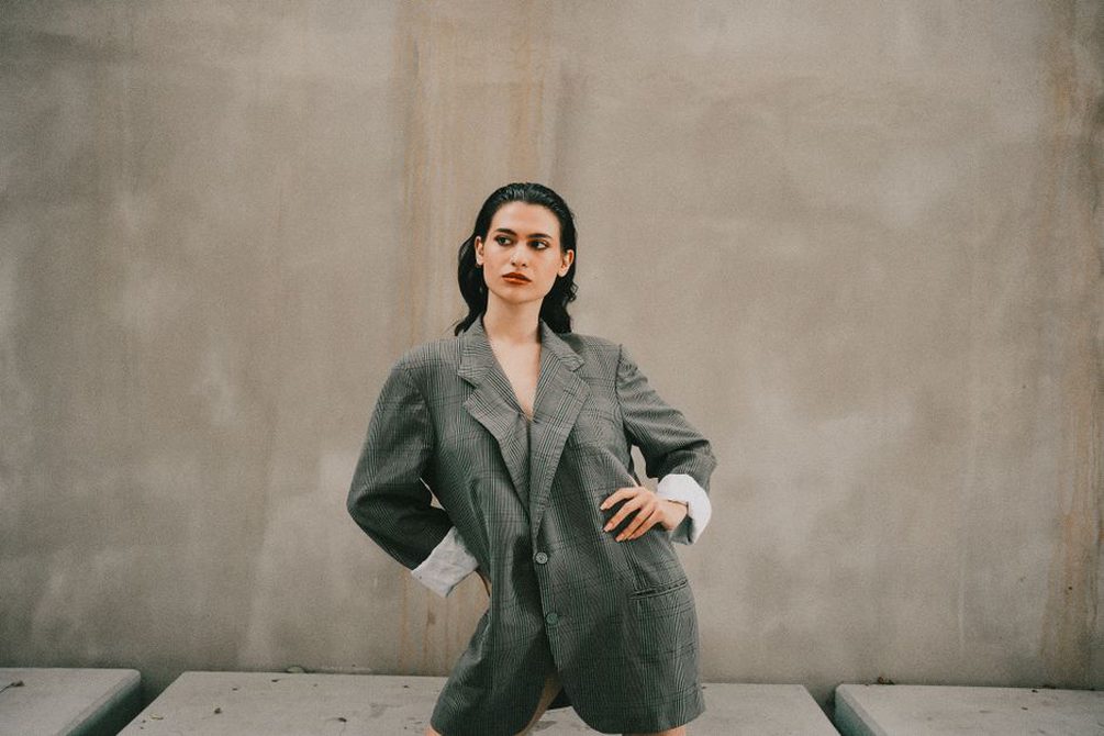 oversized wool blazer worn with a clip in loosely waved hair