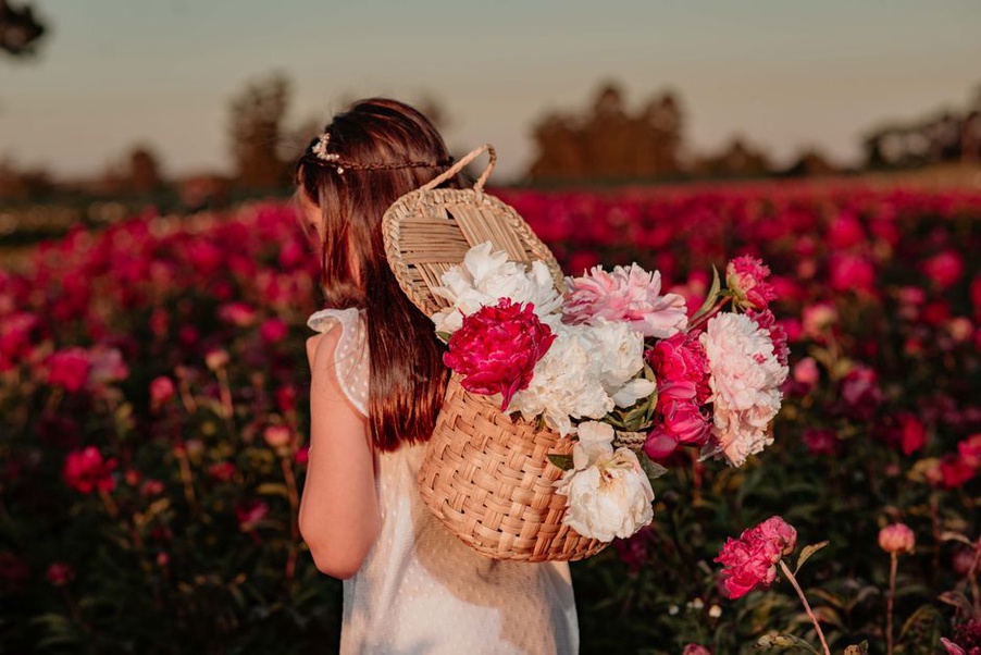 Close-up of a small rattan basket hair clip nestled in a low chignon
