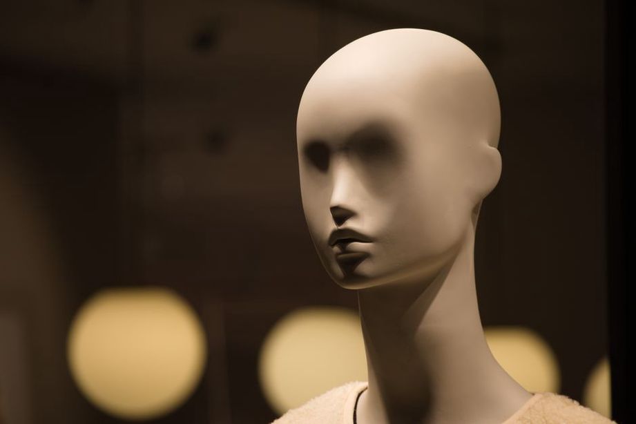 Satin squared headband displayed on a vintage mannequin, 1960s style