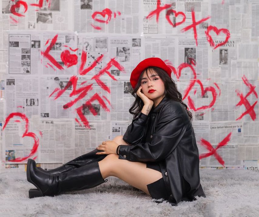 A woman in a camel coat and jeans wearing a navy beret with a red heart appliqué
