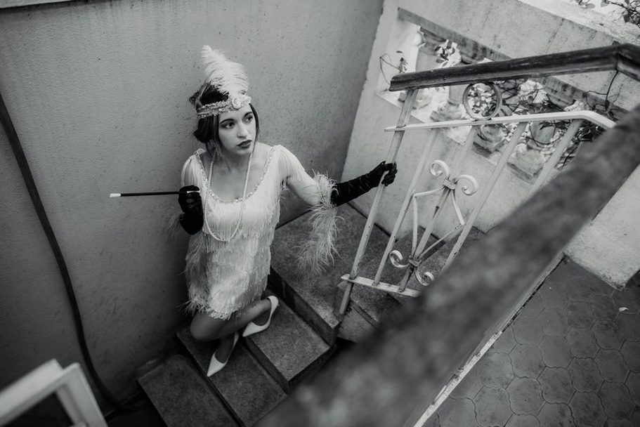 flapper portrait with a low-set jewelled forehead band